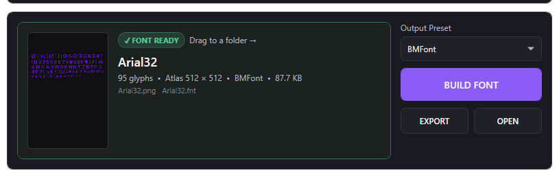 NS Bitmap Font generated output card showing 95 glyphs, a 512 by 512 atlas, BMFont metadata, and export controls