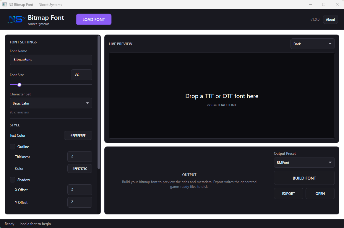 NS Bitmap Font interface ready to load a local TTF or OTF font