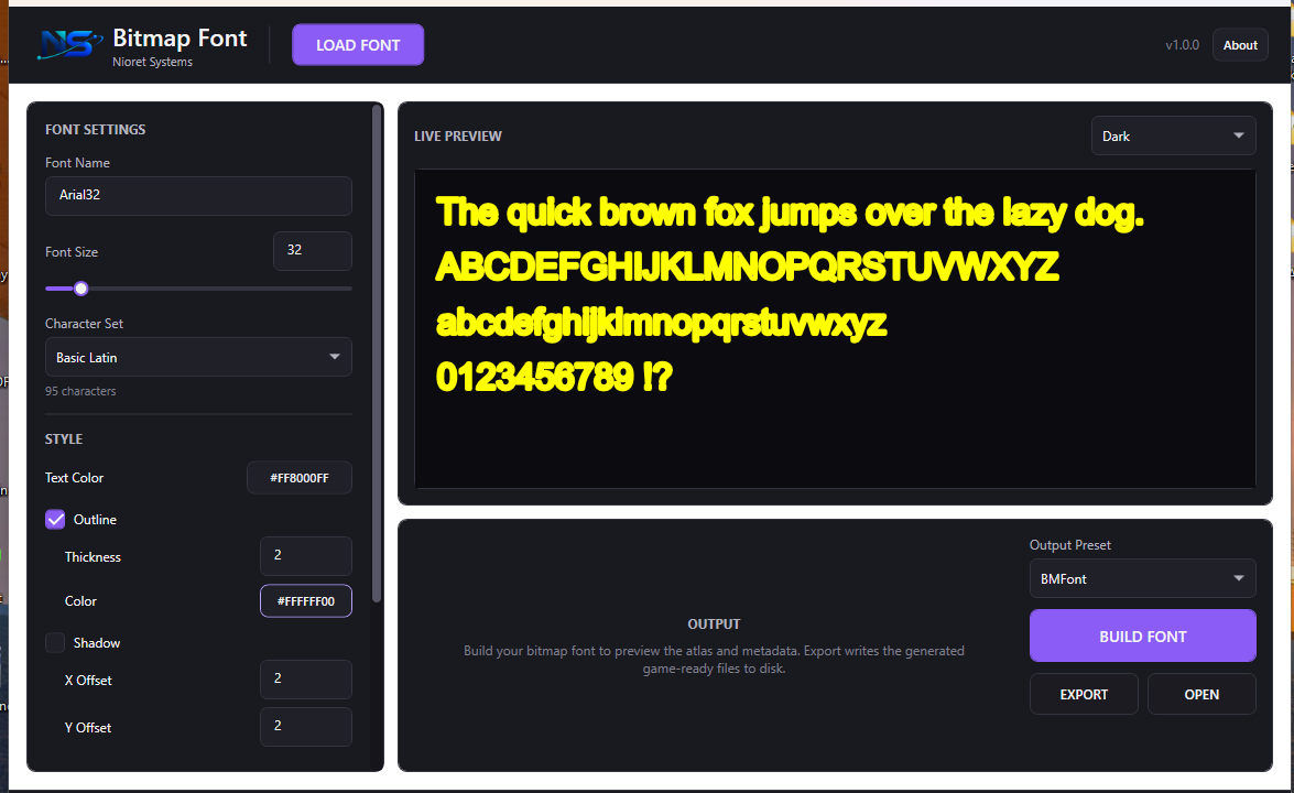 NS Bitmap Font showing a bright yellow styled font preview with outline controls