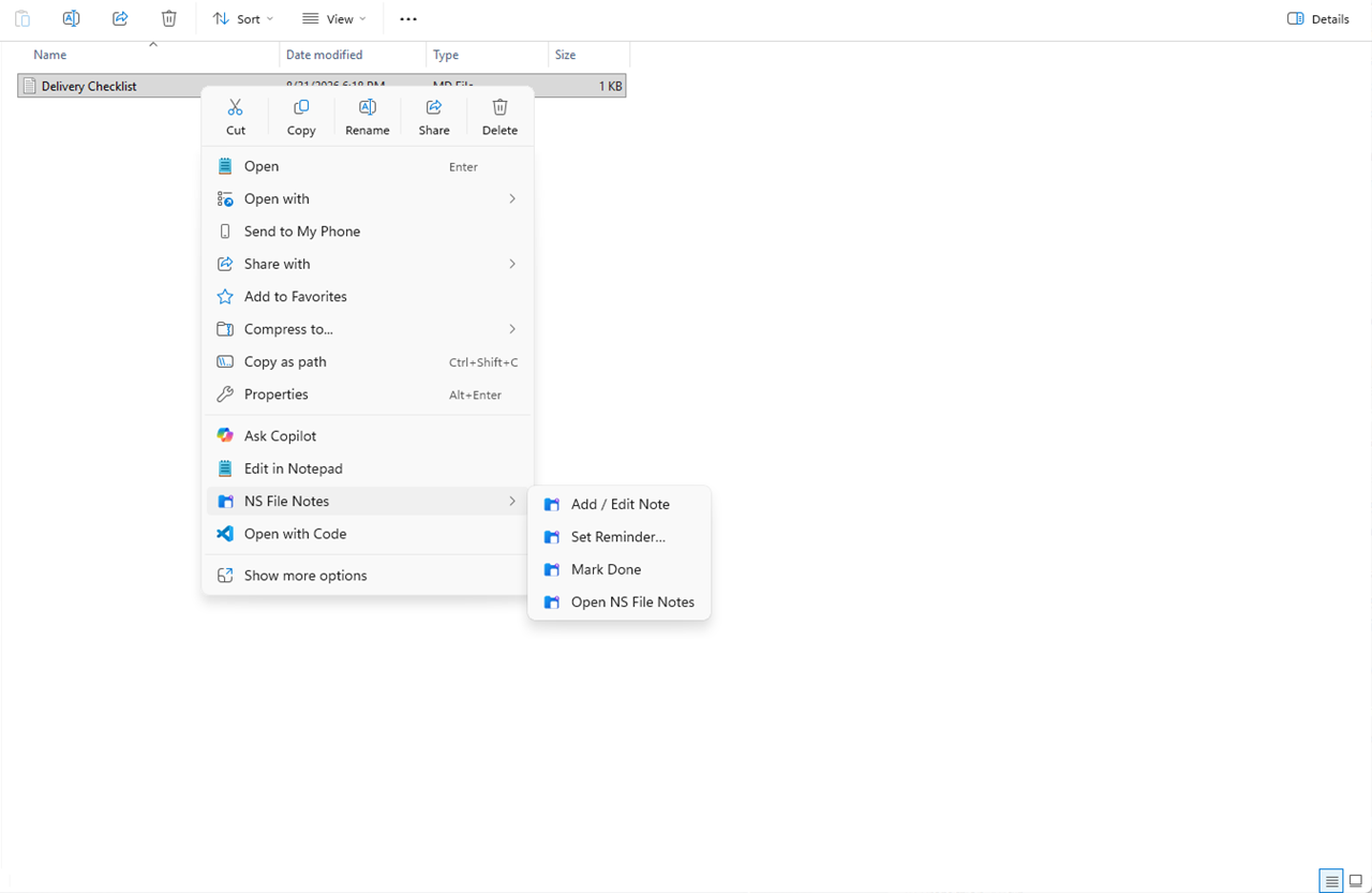 Windows Explorer with the selected Project Aurora file and the real NS File Notes submenu showing note, reminder, completion, and open actions