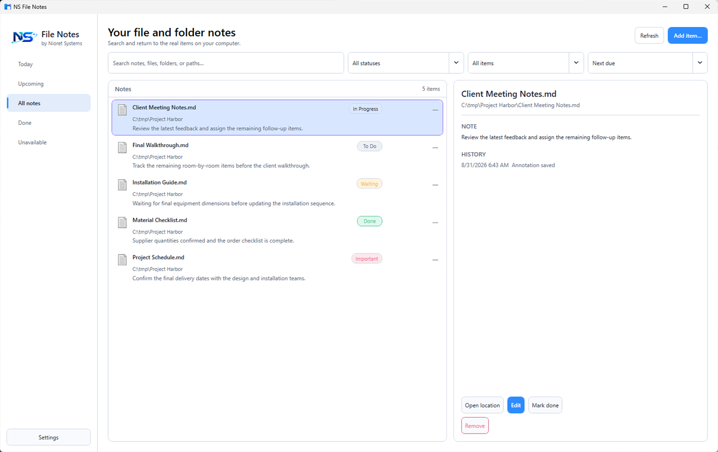 NS File Notes manager showing five Project Harbor files with notes and work statuses