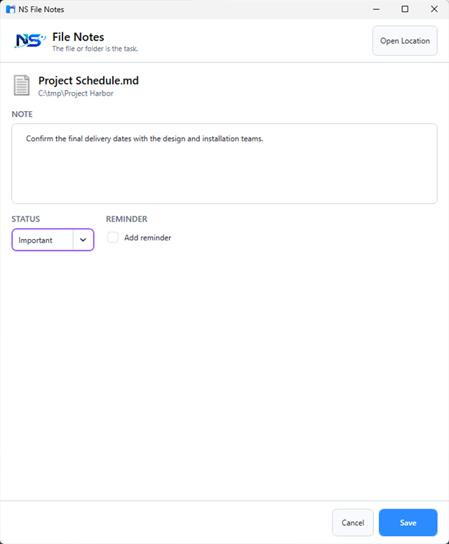 NS File Notes Quick Editor attaching an Important status and note to Project Schedule