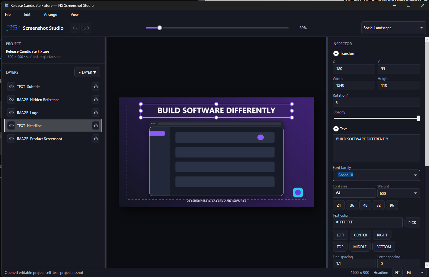 NS Screenshot Studio editing a layered product graphic