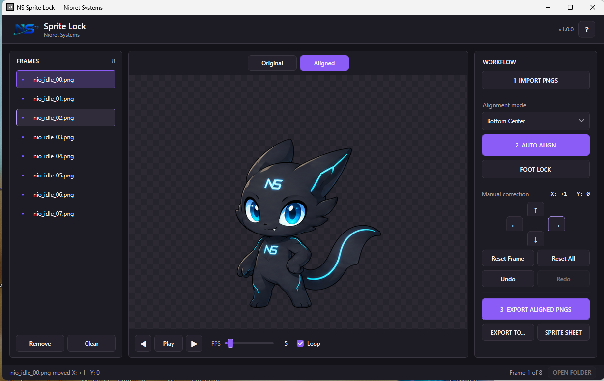 Full NS Sprite Lock Aligned interface with the Nio frame sequence, frames sidebar, alignment controls, playback controls, and export actions