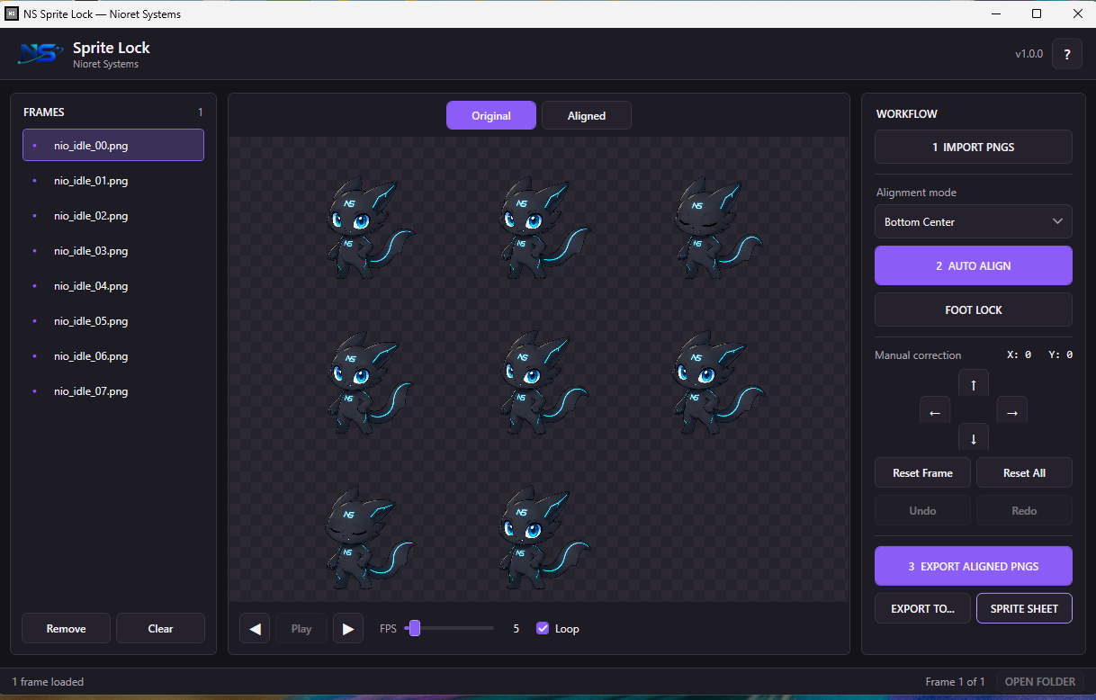 NS Sprite Lock Original view showing the scattered Nio frames before alignment