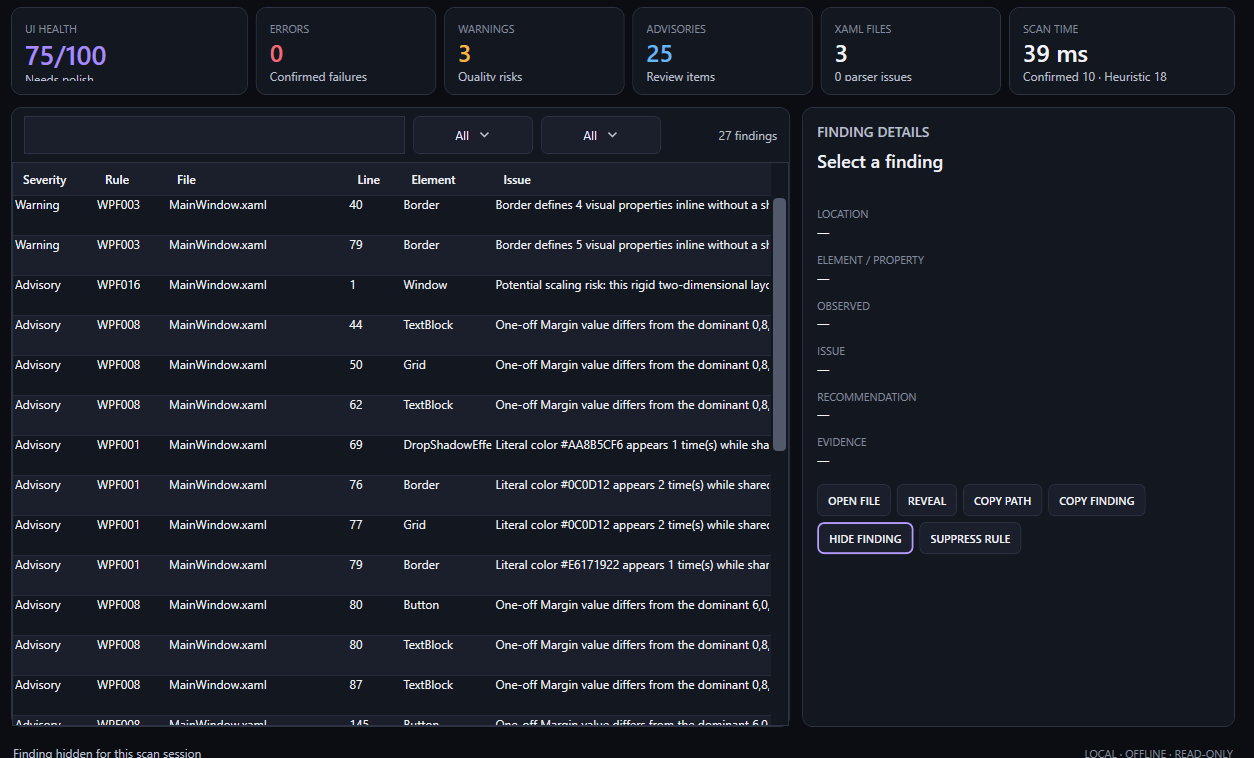 NS UI Doctor dashboard showing WPF interface diagnostics, health metrics, warnings, advisories, and findings