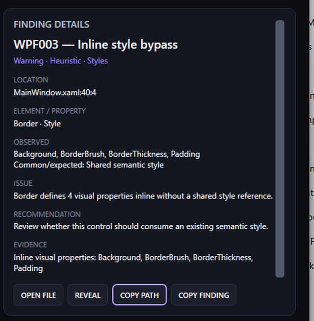 NS UI Doctor finding details for a WPF inline-style diagnostic with evidence and recommendation