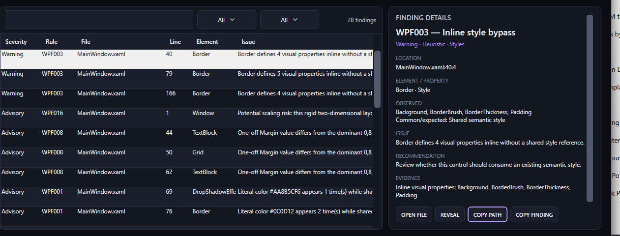 NS UI Doctor showing a WPF003 inline style bypass finding with source location, evidence, and recommendation