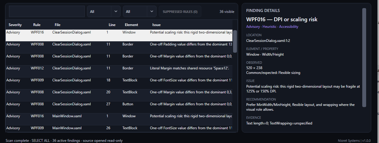 NS UI Doctor showing a WPF016 DPI or scaling risk finding with recommendation